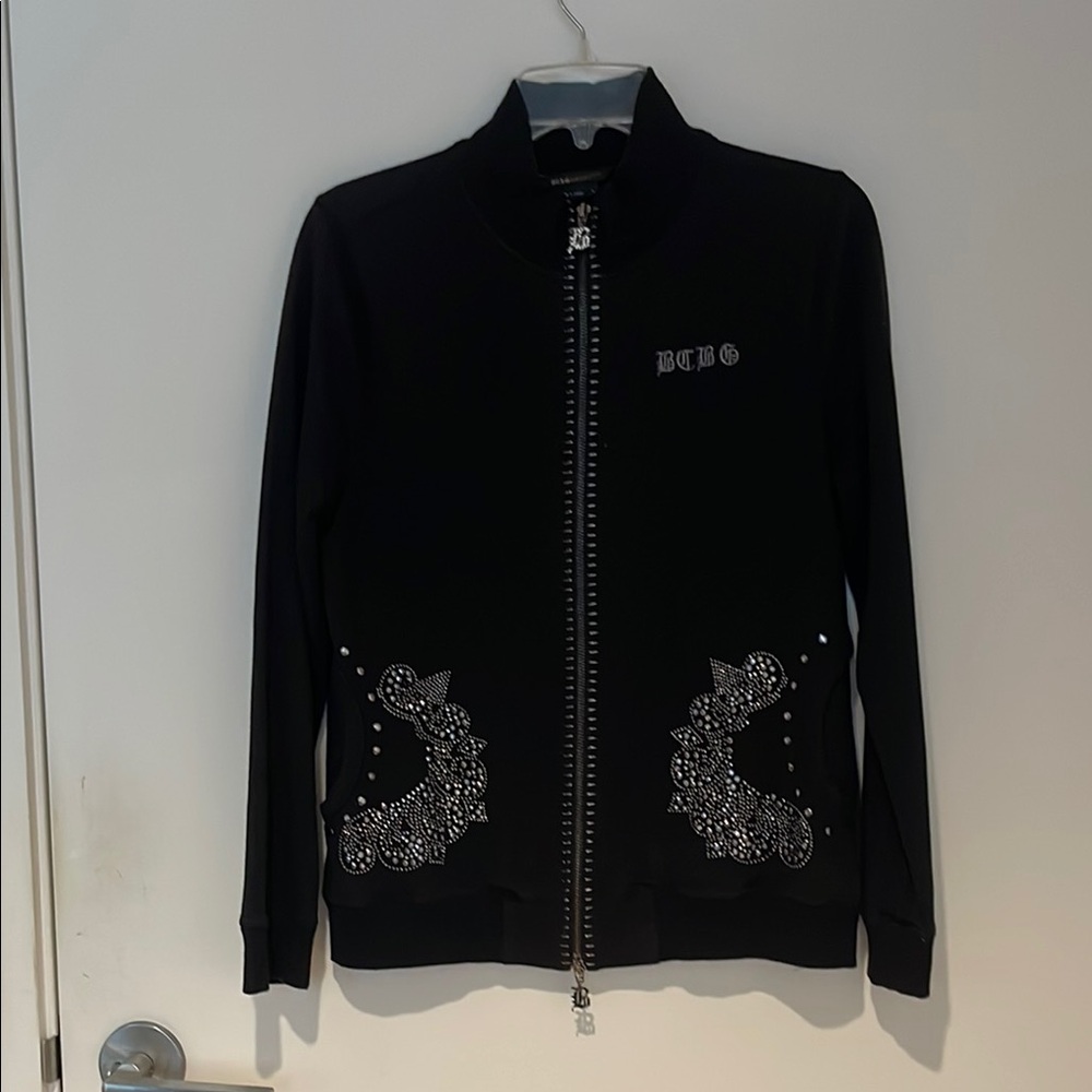 BCBGMaxAzria Black Bomber Jacket with Floral Embellishments